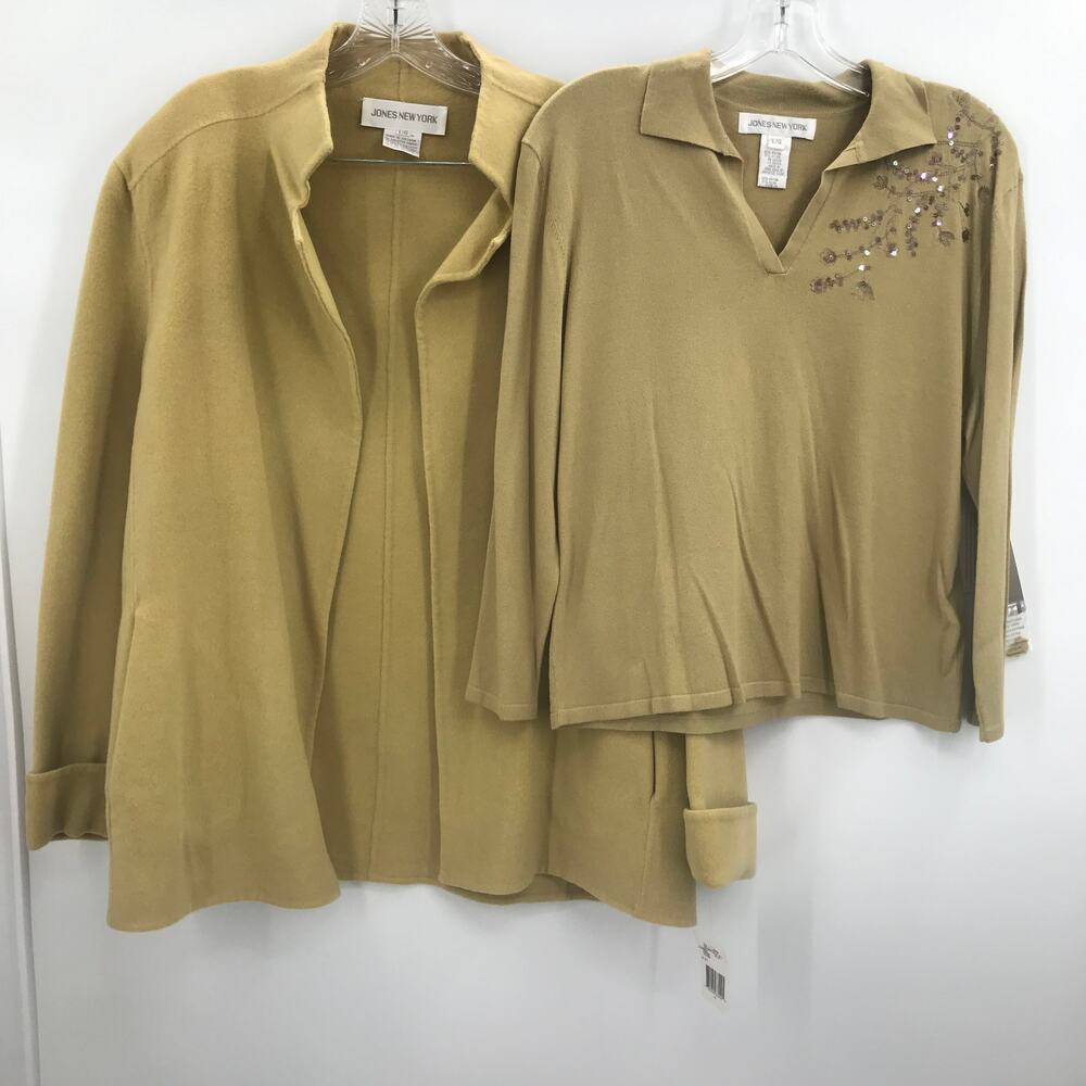Jones New York 2 Pc Set Long Sleeve Shirt Open Jacket  Wool Large Green NEW